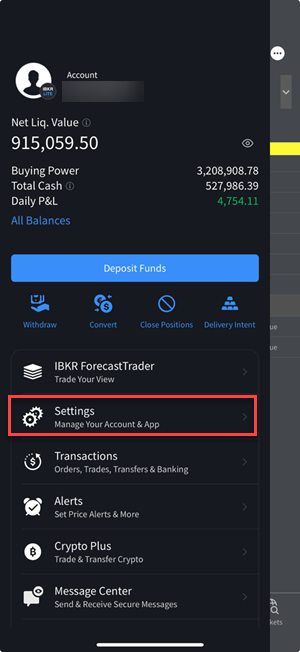 The account menu settings for the iPhone